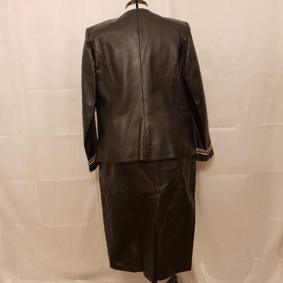 Darshi Women's 2-pc Black Leather Suit with Embroidered Jacket and Skirt, SZ 22 - Picture 6 of 14